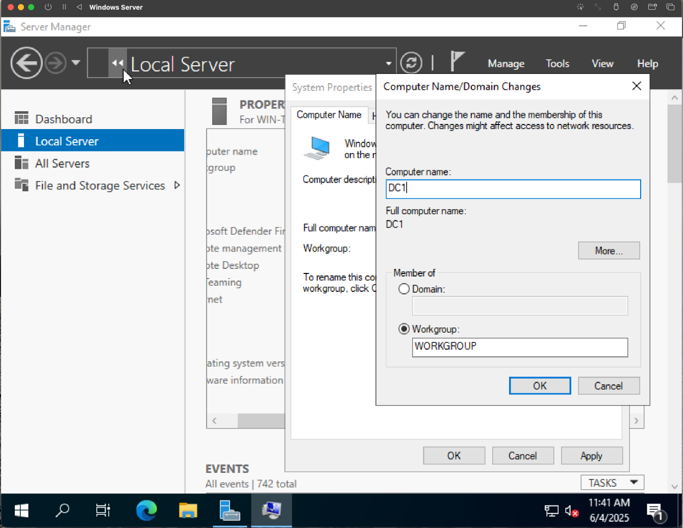 Renaming Windows Server to DC1