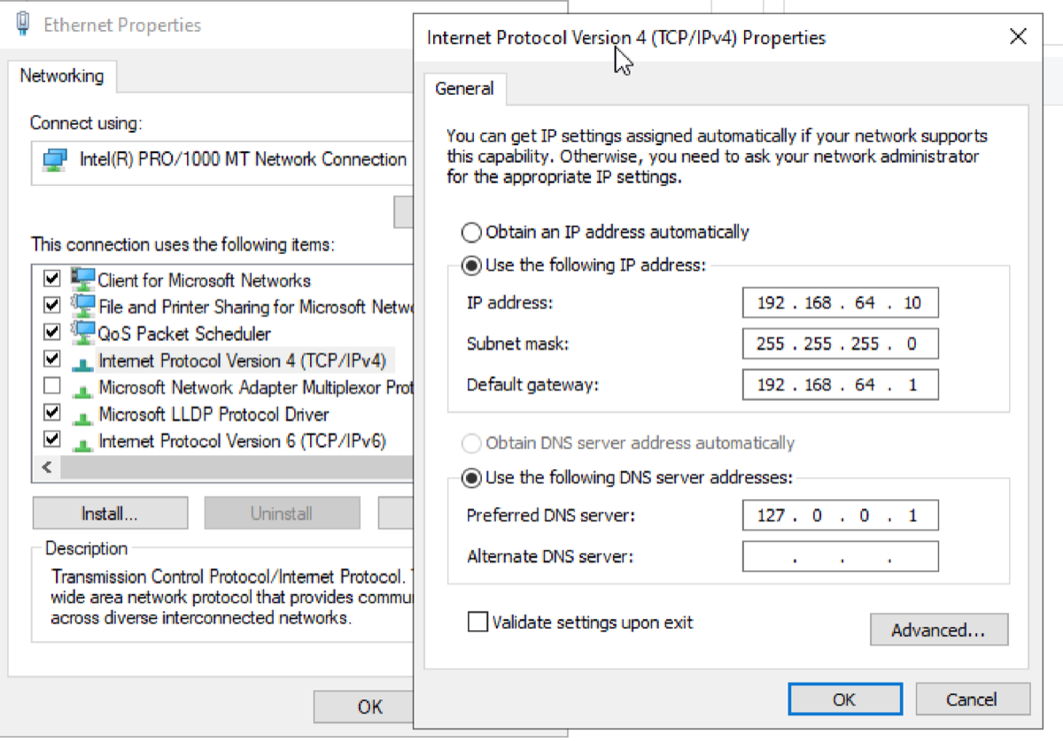 Static IP address configuration