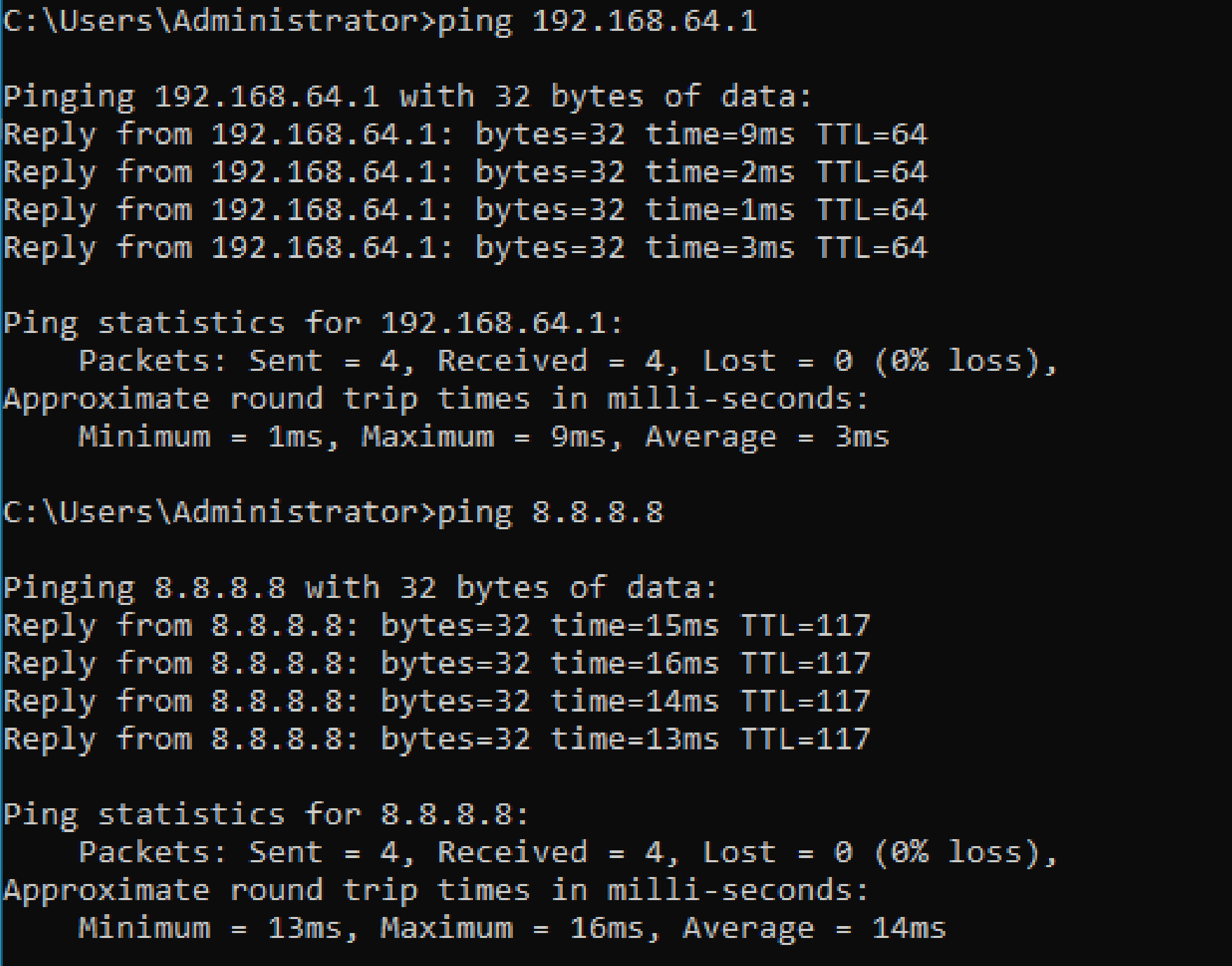 Ping test confirming network connectivity