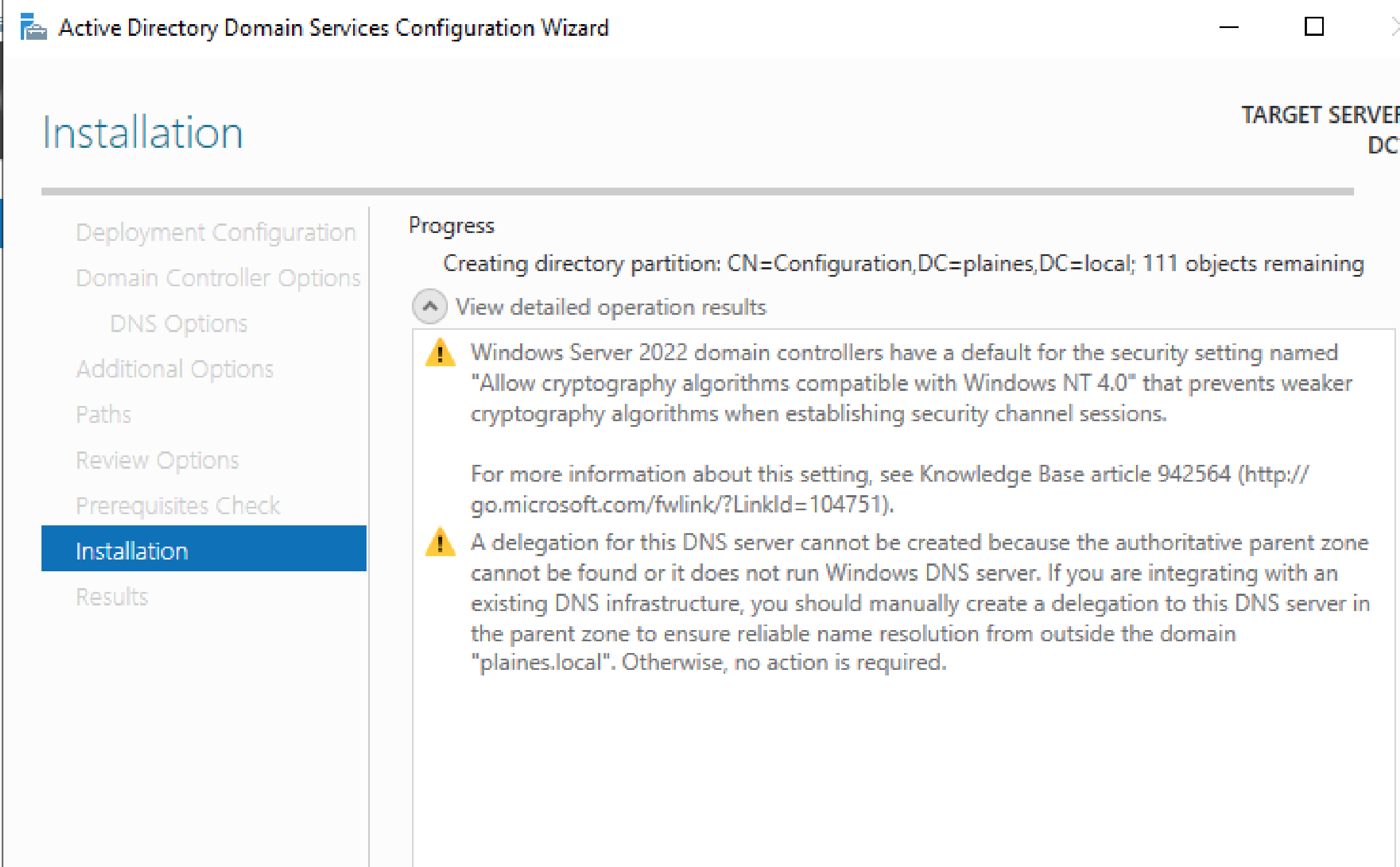 Domain controller installation progress