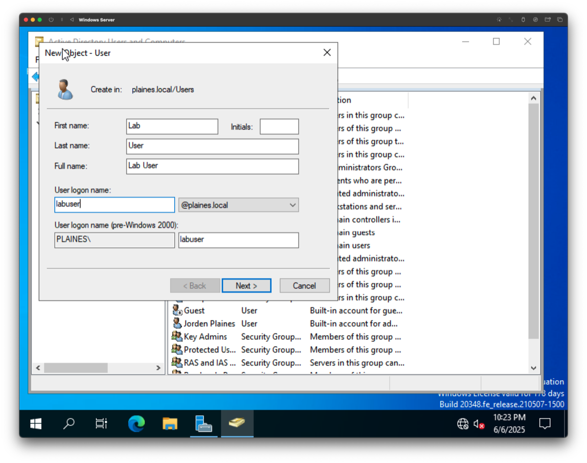 Creating domain user in Active Directory
