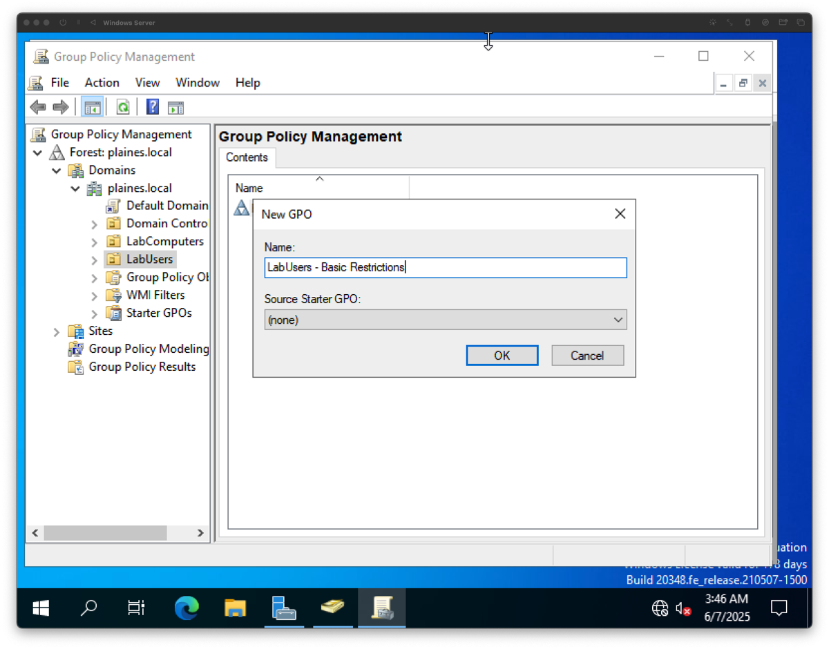 Creating new Group Policy Object